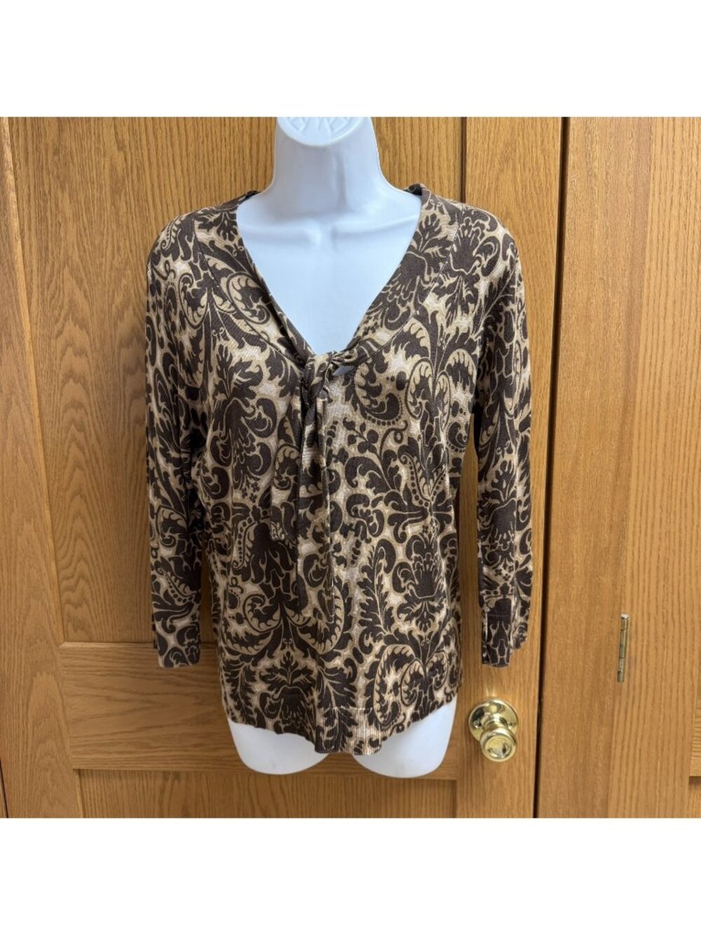 Talbots Petites Brown & Tan Print Tie Front Top - Medium